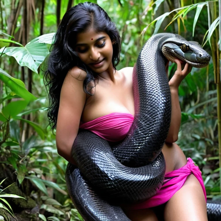 Topless pink thong wearing aroused horny beautiful happy indian girl vs Giant black anaconda monster wrapped around her body squeezing her in coiled embrace cuddling and kissing sexual erotic bestiality sex realistic in the rainforest full body, best quality wet