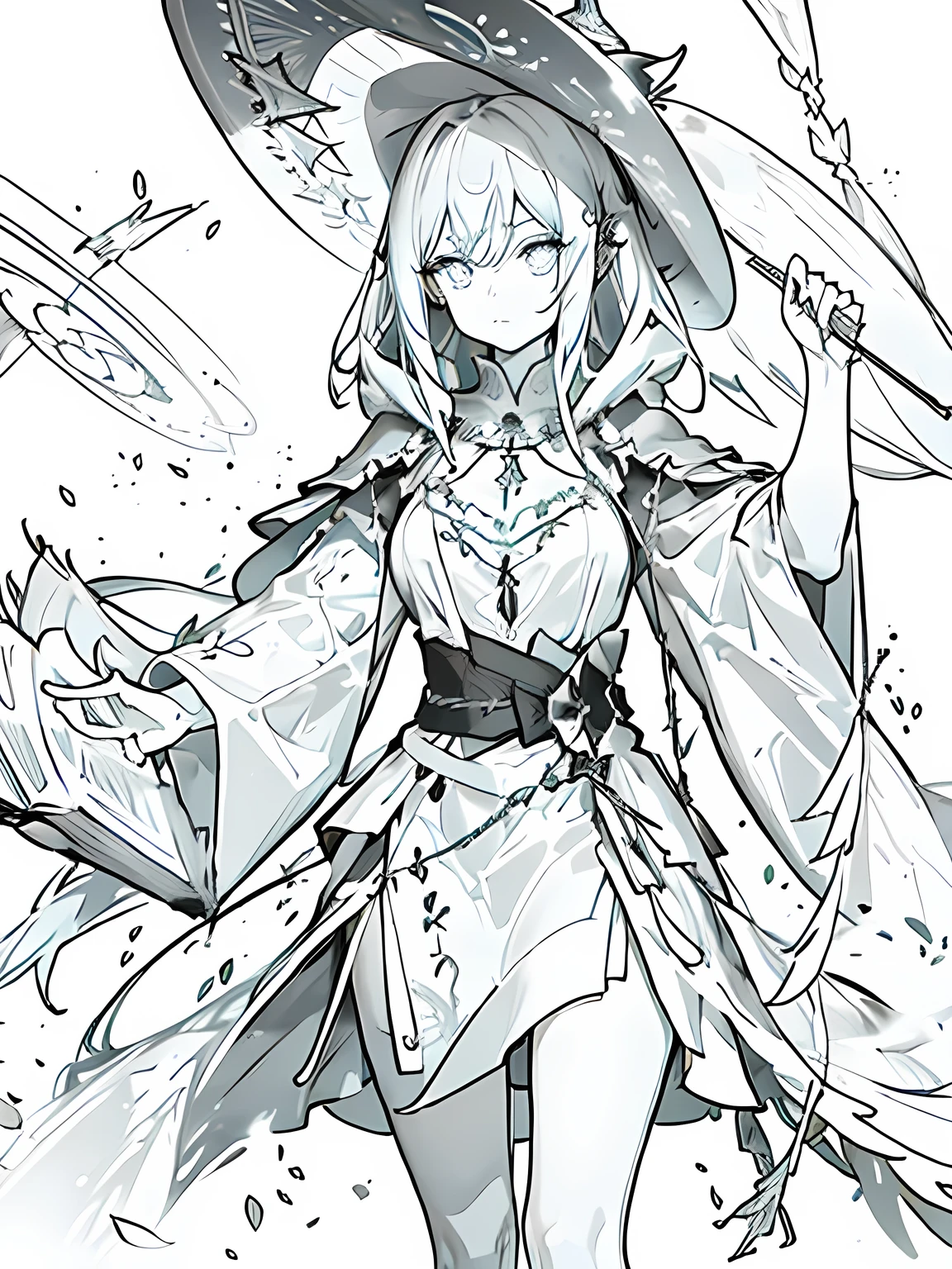 Monochrome,Lineart,Dark outlines,Black and white only,Clear background,A long robe with wide sleeves and a hem、Large hood、Pointed hat、Mysterious Aura、A cloak decorated with a magic circle emblem、Amulet、pendant、A wand inlaid with gems and magical runes、book of magic、Magic Ring、Portion、belt、incantation、magic theory、Curious、High concentration、Calm、Theoretical、Calculating、mysterious、Elemental Magic、Powerful incantation、magic theory、