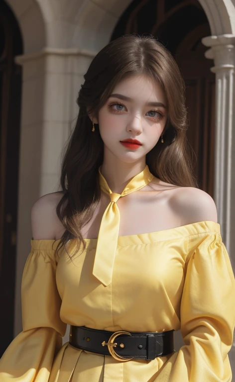 (masterpiece,best quality,ultra_detailed,highres,absurdres),1girl 30-ish, (wide shoulder), (beautifull),blonde long hair,yellow shirt,long tie, long sleeve,long black skirt,gold belt,princess vibes,standing,crossed arms,smile, fantasy place,castle