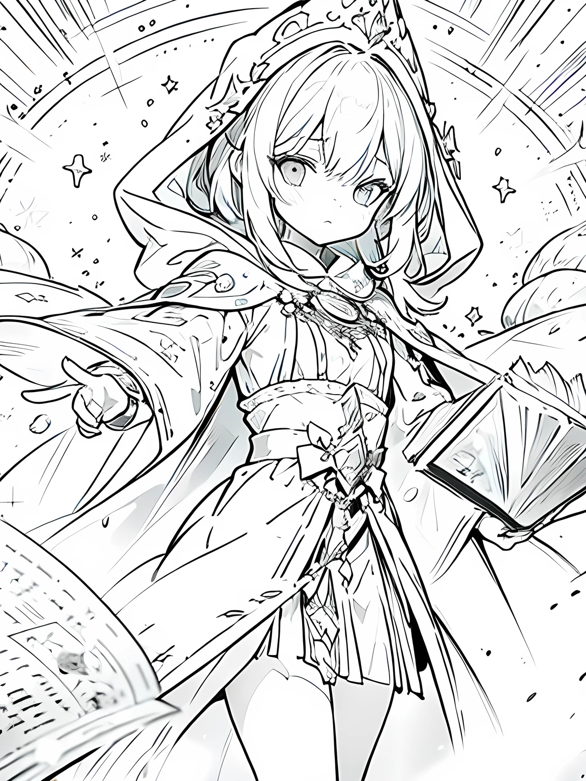 Monochrome,Lineart,Dark outlines,Black and white only,Clear background,A long robe with wide sleeves and a hem、Large hood、Pointed hat、Mysterious Aura、A cloak decorated with a magic circle emblem、Amulet、pendant、A wand inlaid with gems and magical runes、book of magic、Magic Ring、Portion、belt、incantation、magic theory、Curious、High concentration、Calm、Theoretical、Calculating、mysterious、Elemental Magic、Powerful incantation、magic theory、