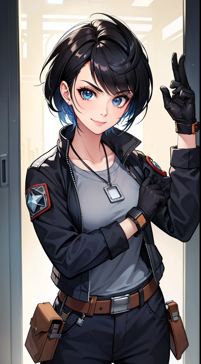 (high-quality, breathtaking),(expressive eyes, perfect face) Symmetrical Eyes, portrait, Star Wars Universe, 1girl, female, adult, mechanic, punk jacket, shirt, short sleeved, gloves, pants, belt, wrench, crystals, messy hair, black hair color, brown eye color, short hair length, stylized hairstyle, pixie haircut, tall, technician outfit, engineer, workshop background, work bench, tools, mature, narrow eyes, dog tag necklaces, smiling
