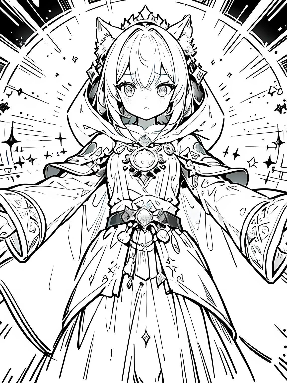 Monochrome,Lineart,Dark outlines,Black and white only,Clear background,A long robe with wide sleeves and a hem、Large hood、Pointed hat、Mysterious Aura、A cloak decorated with a magic circle emblem、Amulet、pendant、A wand inlaid with gems and magical runes、book of magic、Magic Ring、Portion、belt、incantation、magic theory、Curious、High concentration、Calm、Theoretical、Calculating、mysterious、Elemental Magic、Powerful incantation、magic theory、