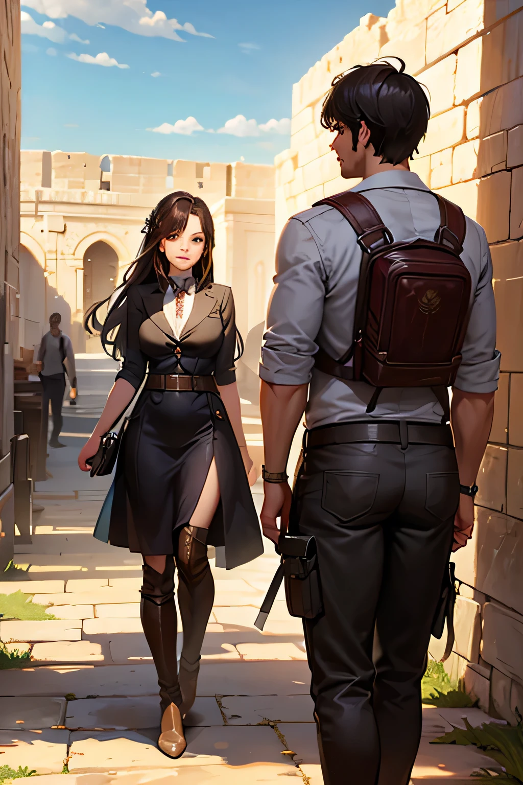 Beautiful girl archaeologist with handsome young male archaeologist exploring ruins of Jerusalem 