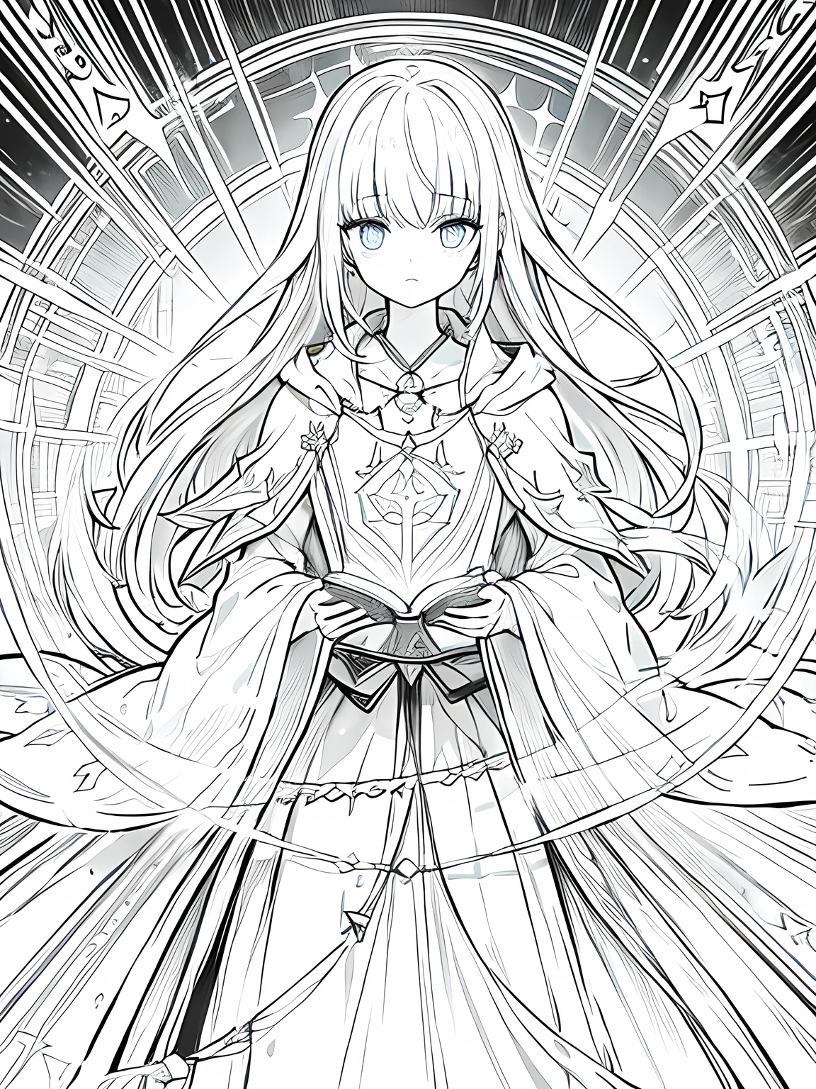 Monochrome,Lineart,Dark outlines,Black and white only,Clear background,Wizard、A long robe with wide sleeves and a hem、Large hood、Pointed hat、Mysterious Aura、A cloak decorated with a magic circle emblem、Amulet、pendant、A wand inlaid with gems and magical runes、book of magic、Magic Ring、Portion、belt、incantation、magic theory、Curious、High concentration、Calm、Theoretical、Calculating、mysterious、Elemental Magic、Powerful incantation、magic theory、