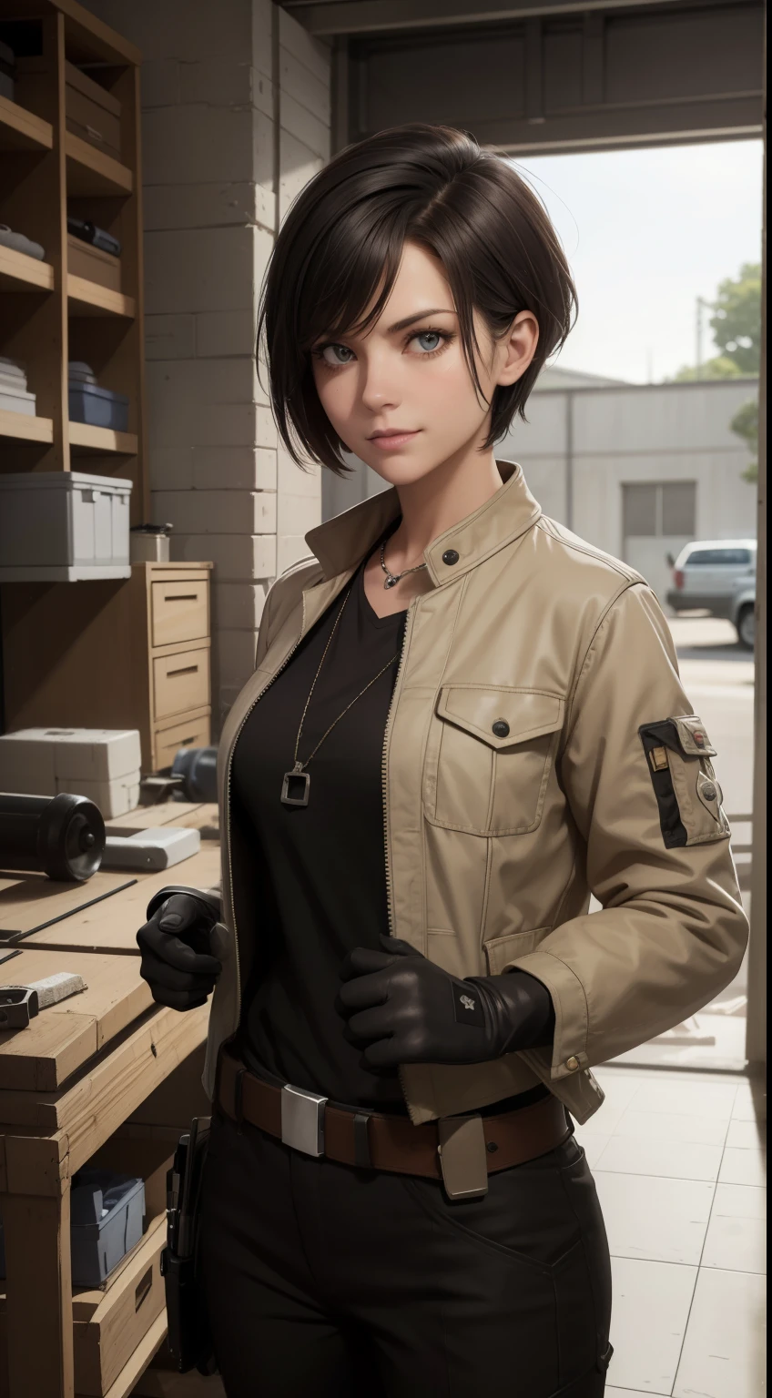 (high-quality, breathtaking),(expressive eyes, perfect face) Symmetrical Eyes, portrait, Star Wars Universe, 1girl, female, adult, mechanic, punk jacket, shirt, short sleeved, gloves, pants, belt, wrench, crystals, messy hair, black hair color, brown eye color, short hair length, stylized hairstyle, pixie haircut, tall, technician outfit, engineer, workshop background, work bench, tools, mature, narrow eyes, dog tag necklaces, slight smirk
