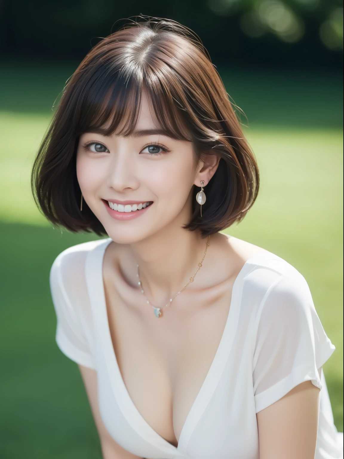 Show me a woman who will surprise everyone、A woman like Audrey Hepburn、face like grace kelly、green grass park、green tree in the distance々、I can see the blue sky in the distance、White clouds floating、One thin round neck T-shirt、You can see her nipples without a bra、Composition seen from slightly below、short hair、bob cut、Jijeans、sneakers、smile just a little、Look at me with kind eyes、Slightly pointed lips、Bangs slightly disturbed by the wind、look up from below、soft backlight、earrings、necklace、bracelet、