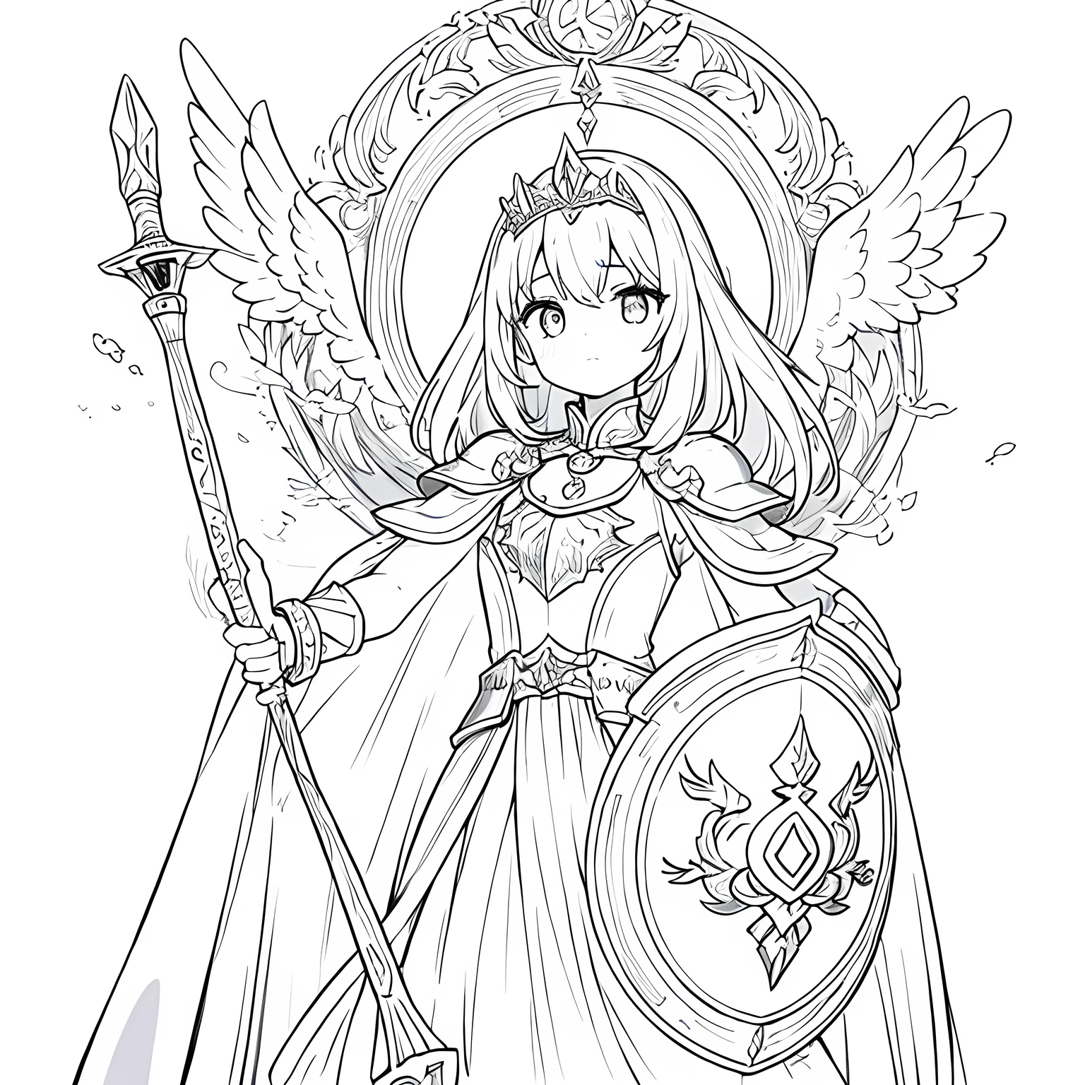 Monochrome,Lineart,Dark outlines,Black and white only,Clear background,Girl、Brave、Beautiful and elegant armor、Plate Armor、Chainmail、Cape、Cape、Small Crown、tiara、Amulet、pendant、bracelet、ring、A large legendary sword engraved with magical powers and symbols.、Powerful Shield、courage、Decisiveness、leadership、Responsibility、Feeling for friends、Dedication、sincerity、Justice、Excellent swordsmanship、High protection、magic、Big eyes、Long Hair、Elegant style、Beauty and charm