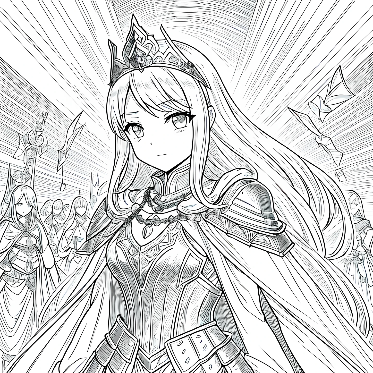 Monochrome,Lineart,Dark outlines,Black and white only,Clear background,Girl、Brave、Beautiful and elegant armor、Plate Armor、Chainmail、Cape、Cape、Small Crown、tiara、Amulet、pendant、bracelet、ring、A large legendary sword engraved with magical powers and symbols.、Powerful Shield、courage、Decisiveness、leadership、Responsibility、Feeling for friends、Dedication、sincerity、Justice、Excellent swordsmanship、High protection、magic、Big eyes、Long Hair、Elegant style、Beauty and charm