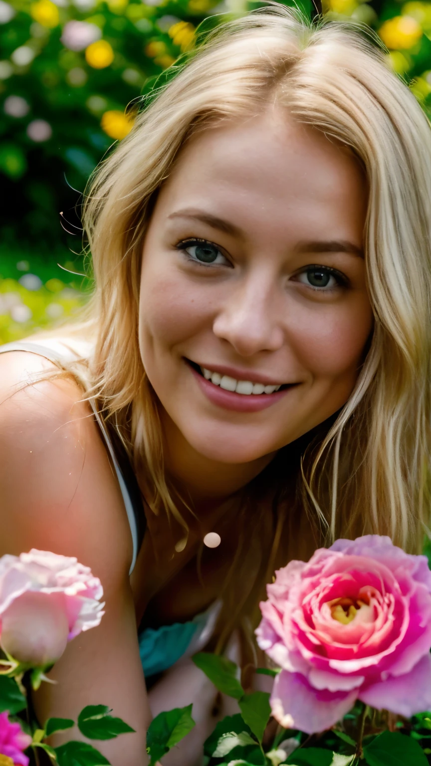 A woman named Lara Bauer steht im Garten einer (colorful flowering meadow), She is a 22 year old woman, She has beautiful shoulder-length blonde hair, (gelbbraune blonde Haare), (blonde kleine Augenbrauen), bright grey-green eyes with great details, glattes haar, (eckiges Gesicht: 1.3), (langes Gesicht: 1.4), pretty face, Bunte kurze hippiekleidung, blumen im haar, eine blumengirlande um den hals, blumen in der hand, flowering rose bushes, (Best quality:1.4), (Ultra Highres:1.2), (fotorealistisch:1.4), (8k, RAW-Foto:1.2), lebendige Farben, bunt, hell, bokeh, Frühlingsfarben, Happy, smiling, (hole body: 1.7), Foto aus der Ferne, (Distanzschuss: 1.8), von hinten gesehen, linke Seite,
