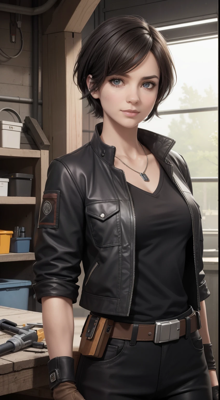 (high-quality, breathtaking),(expressive eyes, perfect face) Symmetrical Eyes, portrait, Star Wars Universe, 1girl, female, adult, mechanic, punk jacket, shirt, short sleeved, gloves, pants, belt, wrench, crystals, messy hair, black hair color, brown eye color, short hair length, stylized hairstyle, pixie haircut, tall, technician outfit, engineer, workshop background, work bench, tools, mature, narrow eyes, dog tag necklaces, slight smirk
