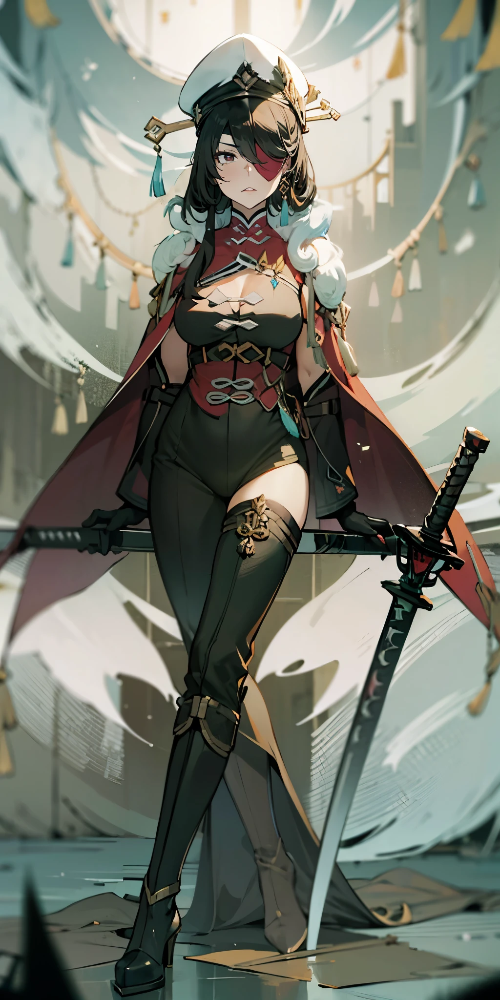 long hair, hairpin, hair over one eyes, beidou, eyepatch, muscular female, curvy, anatomical correct, 1girl, solo, looking at viewer, bangs, gloves, long sleeves, hat, jacket, full body, weapon, boots, food, belt, pants, sword, white gloves, cape, black footwear, uniform, military, black headwear, military uniform, buttons, black pants, knee boots, crossed legs, katana, sheath, peaked cap, sheathed, military hat, red cape, hollow eyes, maroon eyes, eyepatch,  lips, cheek, expressionless, glaring eyes, upper teeth, 