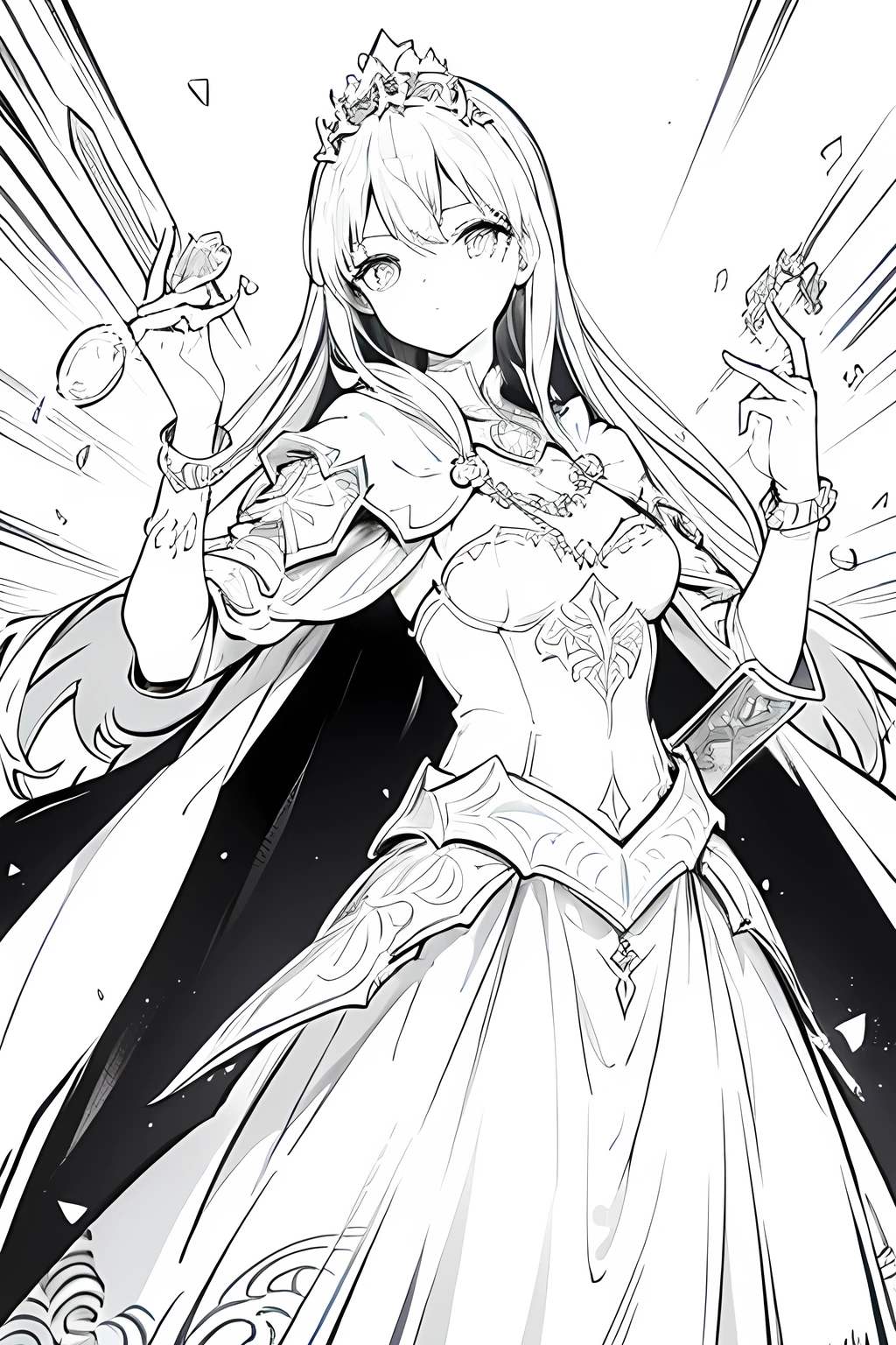 Monochrome,Lineart,Dark outlines,Black and white only,Clear background,Girl、Brave、Beautiful and elegant armor、Plate Armor、Chainmail、Cape、Cape、Small Crown、tiara、Amulet、pendant、bracelet、ring、A large legendary sword engraved with magical powers or symbols.、Powerful Shield