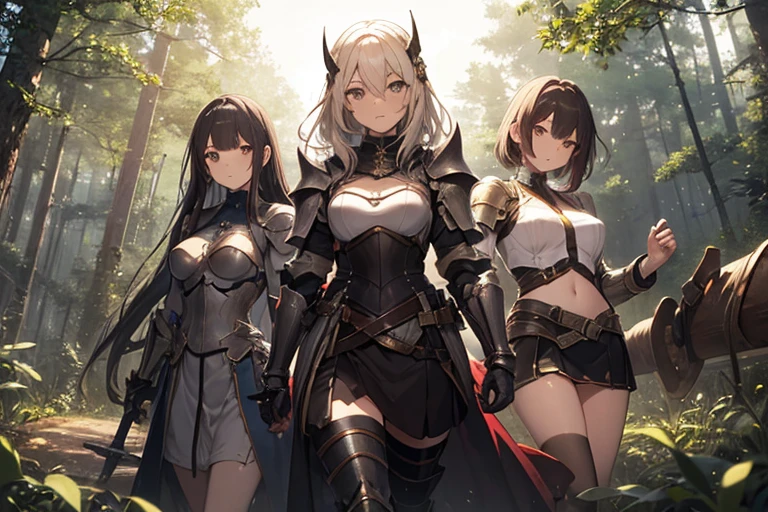 A group of female knight, (in forest), various hair styles, harem, wearing armored clothes, metal armor, night, details face, , short skirt, seducing, sword