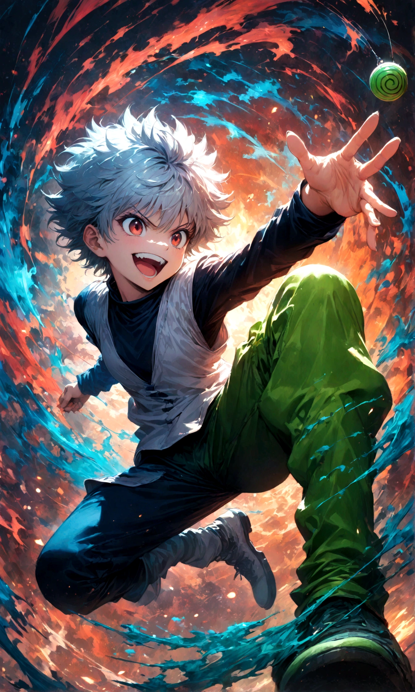 1 teenager,Killua,Hunter x Hunter,Killuaの衣装,Yo-yo,Sui Ishida's painting style,Intricate details,Use black and white as your main colors,Decadent,artwork,rendering,Dynamic Pose,(masterpiece:1.3),(highest quality:1.4),(ultra detailed:1.5),High resolution,extremely detailed,unity 8k wallpaper,Dark fantasy,Brush strokes,Glare,Battle Style,Crazy smile
