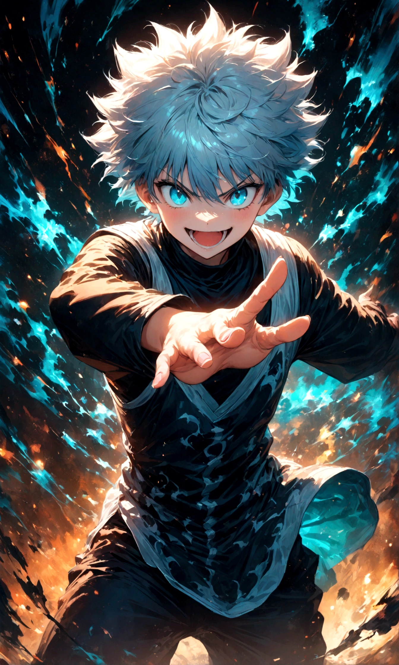 1 teenager,Killua,Hunter x Hunter,Killuaの衣装,Yo-yo,Sui Ishida's painting style,Intricate details,Use black and white as your main colors,Decadent,artwork,rendering,Dynamic Pose,(masterpiece:1.3),(highest quality:1.4),(ultra detailed:1.5),High resolution,extremely detailed,unity 8k wallpaper,Dark fantasy,Brush strokes,Glare,Battle Style,Crazy smile