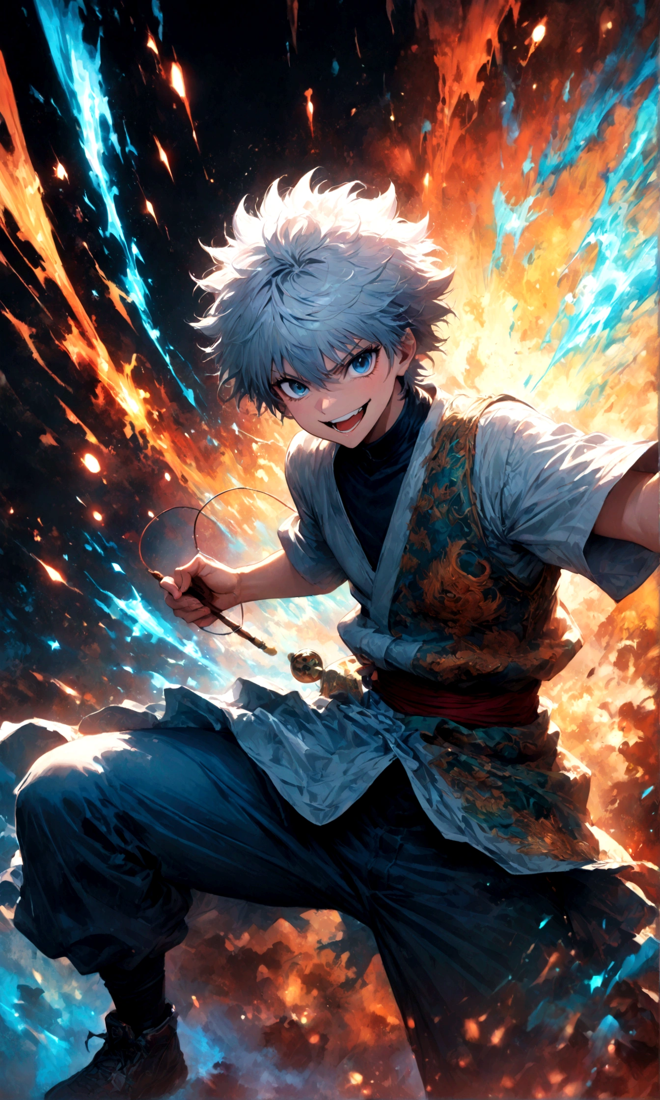 1 ager,Killua,Hunter x Hunter,Killuaの衣装,Yo-yo,Sui Ishida's painting style,Intricate details,Use black and white as your main colors,Decadent,artwork,rendering,Dynamic Pose,(masterpiece:1.3),(highest quality:1.4),(ultra detailed:1.5),High resolution,extremely detailed,unity 8k wallpaper,Dark fantasy,Brush strokes,Glare,Battle Style,Crazy smile