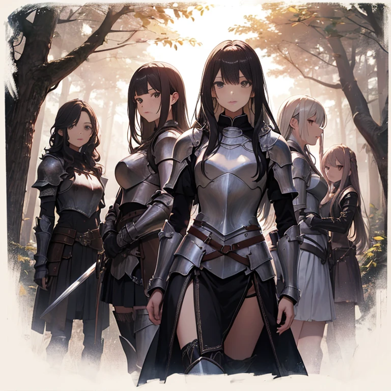 A group of female knight, (in forest), various hair styles, harem, wearing armored clothes, metal armor, night, details face, , short skirt, seducing, sword
