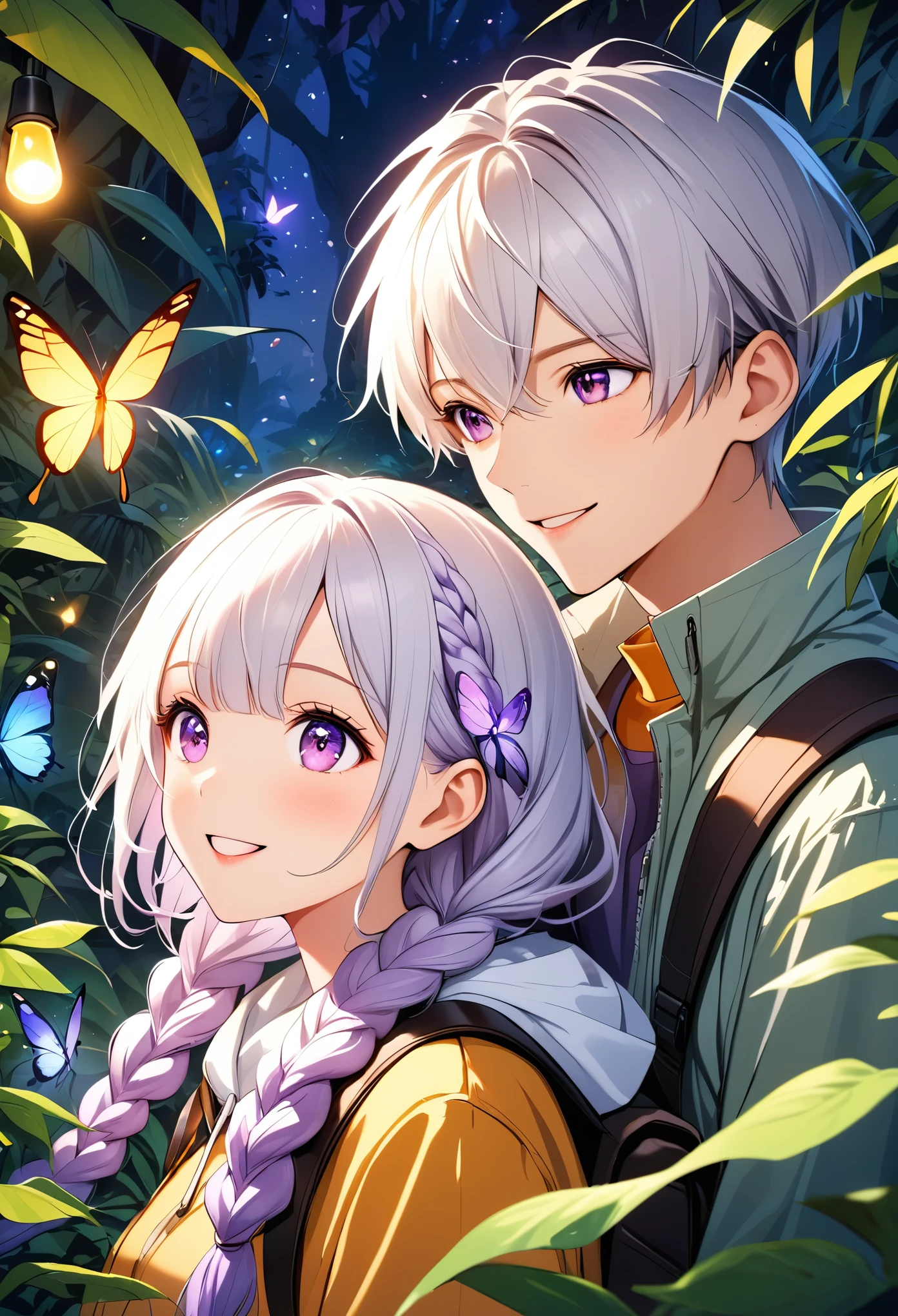 Vector illustration，A young couple，Look at each other affectionately，happy，portrait，Explorer， Backpack，Detection，Purple Eyes，girl，Purple Eyes，White hair-purple-long braids。 jungle，vegetation，lush，Photograph，night，firefly，Glowing Butterfly