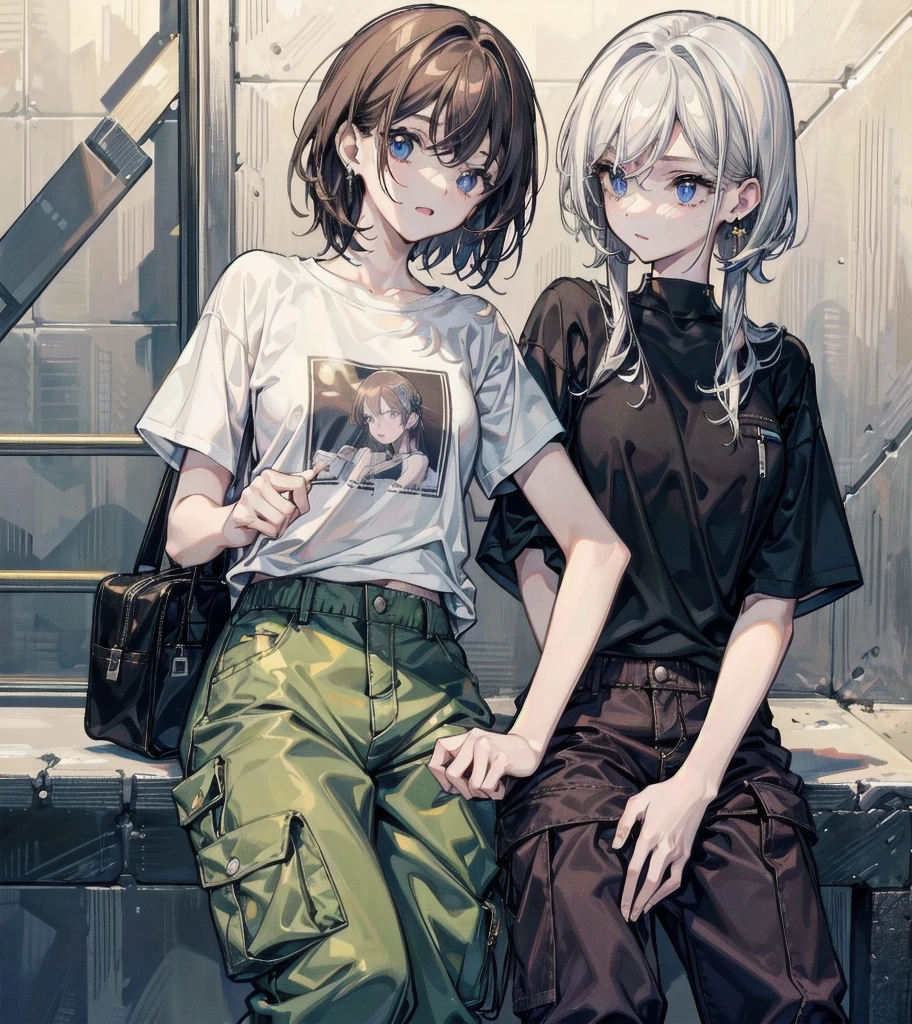 t-shirt, cargo pants, shorts, whole body, absurdres, RAW photo, extremely delicate and beautiful, masterpiece, Best Quality, ultra high resolution, 32k, hyperrealistic, ultra-detailed, detailed description, perfect ???????, pale skin, 20 years old, detailed beautiful face and eyes, tearful mole, earring, short medium hair, wavy hair, ((yuri)), ((2 girls)),