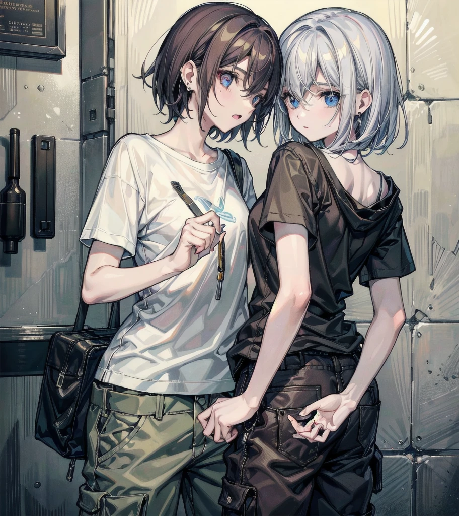t-shirt, cargo pants, shorts, whole body, absurdres, RAW photo, extremely delicate and beautiful, masterpiece, Best Quality, ultra high resolution, 32k, hyperrealistic, ultra-detailed, detailed description, perfect anatomy, pale skin, 20 years old, detailed beautiful face and eyes, tearful mole, earring, short medium hair, wavy hair, ((yuri)), ((2 girls)),