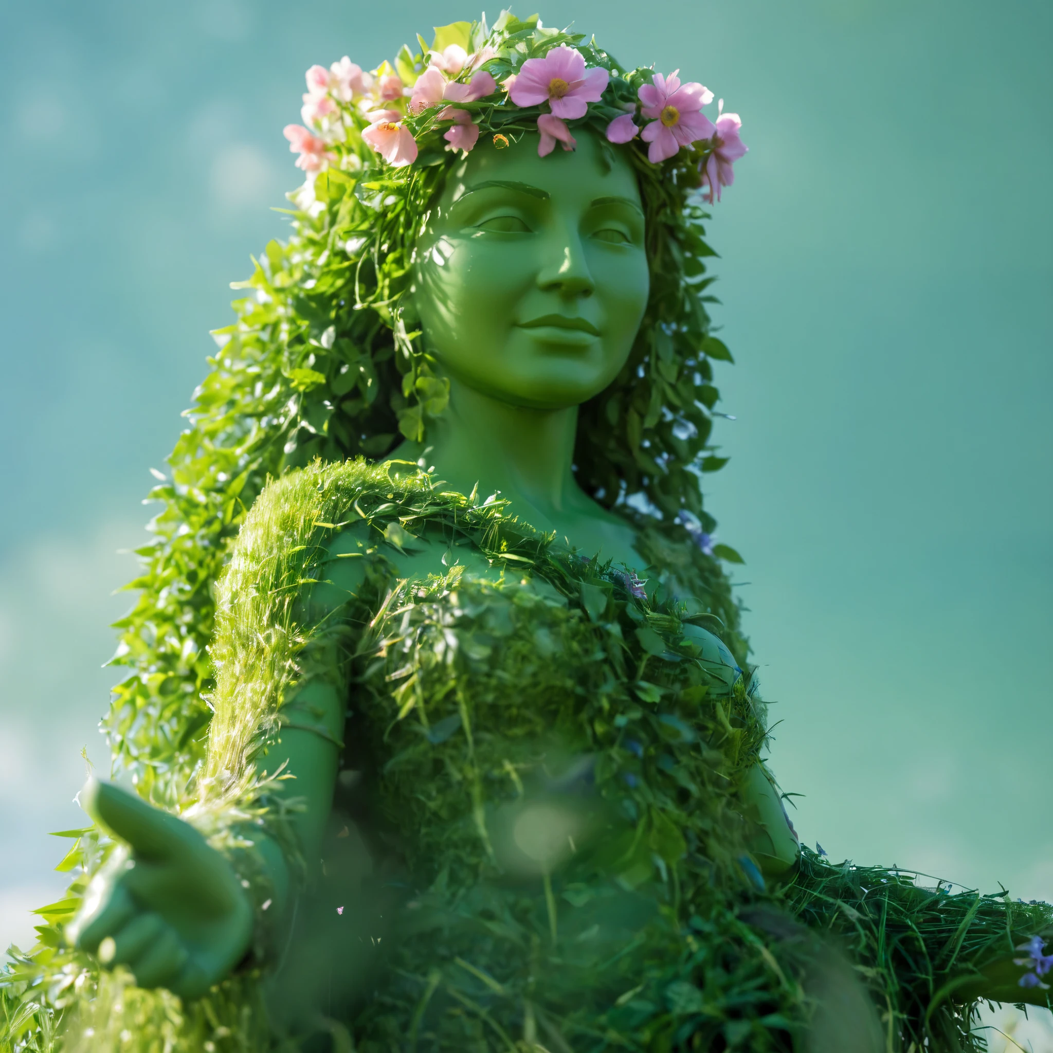 a close up of a statue of a woman covered in green grass, woman made of plants, mother nature, goddess of nature, queen of nature, nature goddess, humanoid flora, the non-binary deity of spring, fey queen of the summer forest, earth goddess mythology, mother earth, humanoids overgrown with flowers, goddess of spring, (masutepiece:1.3), (8K, Photorealistic, Raw photo, Best Quality:1.4), Sharp Focus:1.2