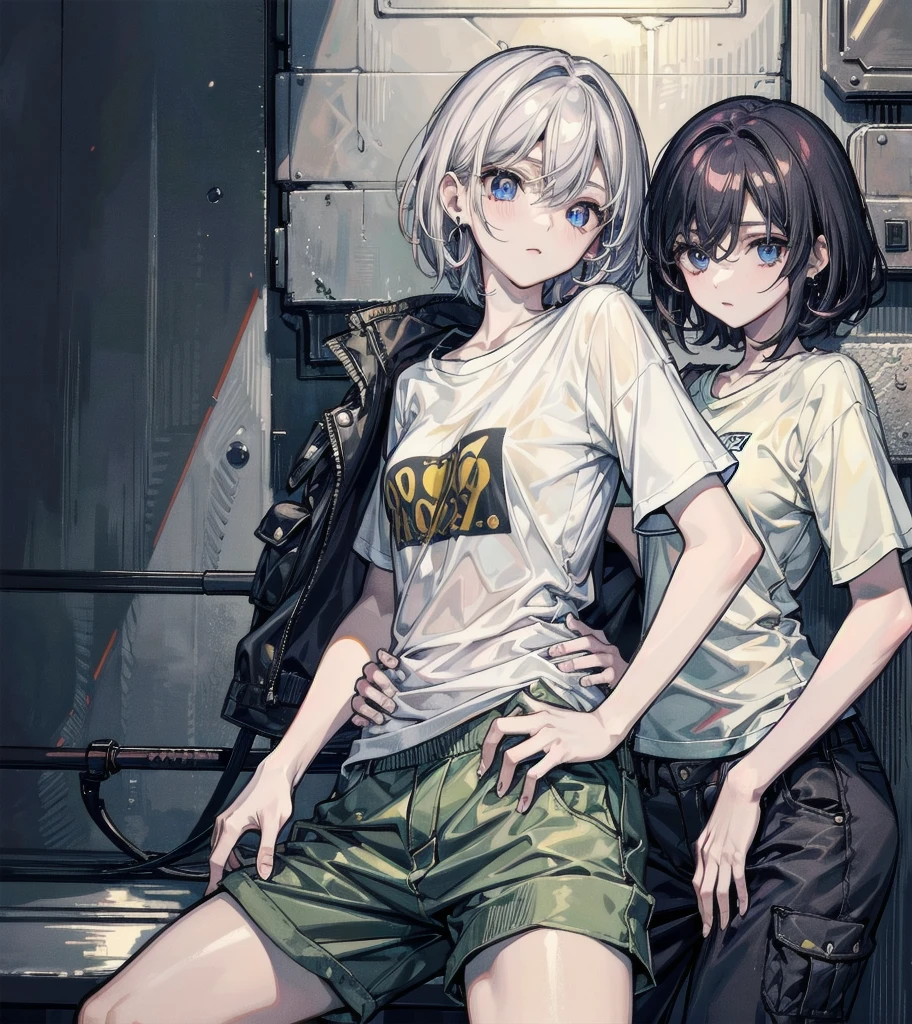 t-shirt, cargo pants, shorts, whole body, absurdres, RAW photo, extremely delicate and beautiful, masterpiece, Best Quality, ultra high resolution, 32k, hyperrealistic, ultra-detailed, detailed description, perfect anatomy, pale skin, 20 years old, detailed beautiful face and eyes, tearful mole, earring, short medium hair, wavy hair, ((yuri)), ((2 girls)),