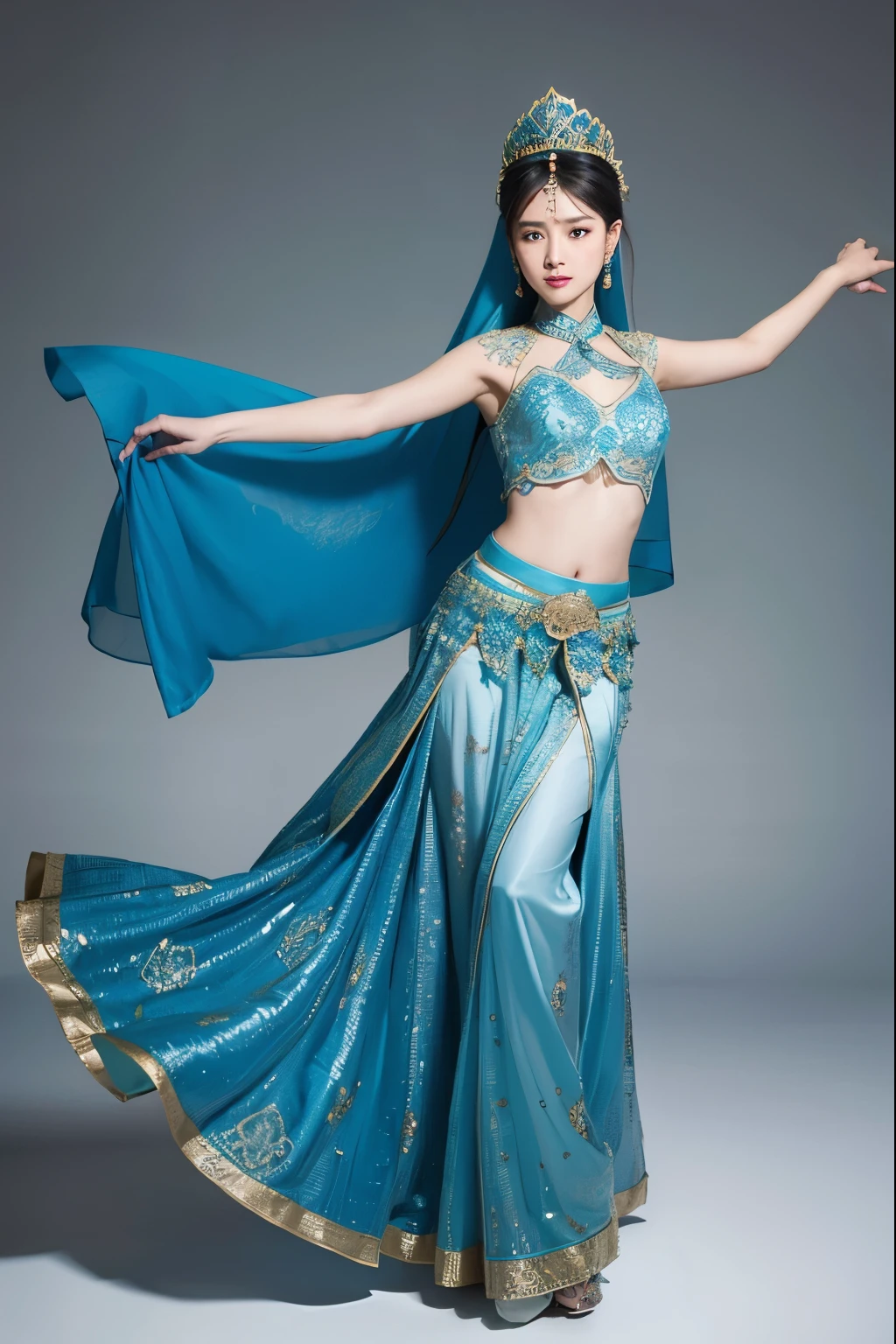 Central Asia, European face, dancing, silk, Kazakhstan, mysterious, enchanting dance, graceful dance, Xinjiang, Uyghur beauty, exotic, HD pictures, long dress, skirt color blue, Uyghur ornate dress, clothes with ethnic patterns, full body portrait, Uyghur ornate headdress, face with veil, face delicate, white background,