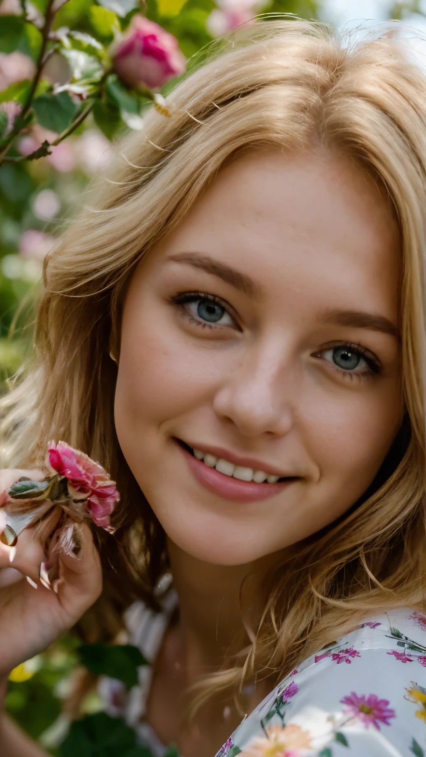 A woman named Lara Bauer steht in einer (colorful flowering meadow), She is a 22 year old woman, She has beautiful shoulder-length blonde hair, (gelbbraune blonde Haare), (blonde kleine Augenbrauen), bright grey-green eyes with great details, glattes haar, (eckiges Gesicht: 1.3), (langes Gesicht: 1.4), pretty face, (sie steht, Barefoot, Colorful short spring dress, (blumen im haar), eine (blumengirlande) um den hals, blumen in der hand, flowering rose bushes), (Best quality:1.4), (Ultra Highres:1.2), (fotorealistisch:1.4), (8k, RAW-Foto:1.2), lebendige Farben, bunt, hell, bokeh, Frühlingsfarben, Happy, smiling, (hole body: 1.7), Foto aus der Ferne, (Distanzschuss: 1.8), sie geht auf die kamera zu