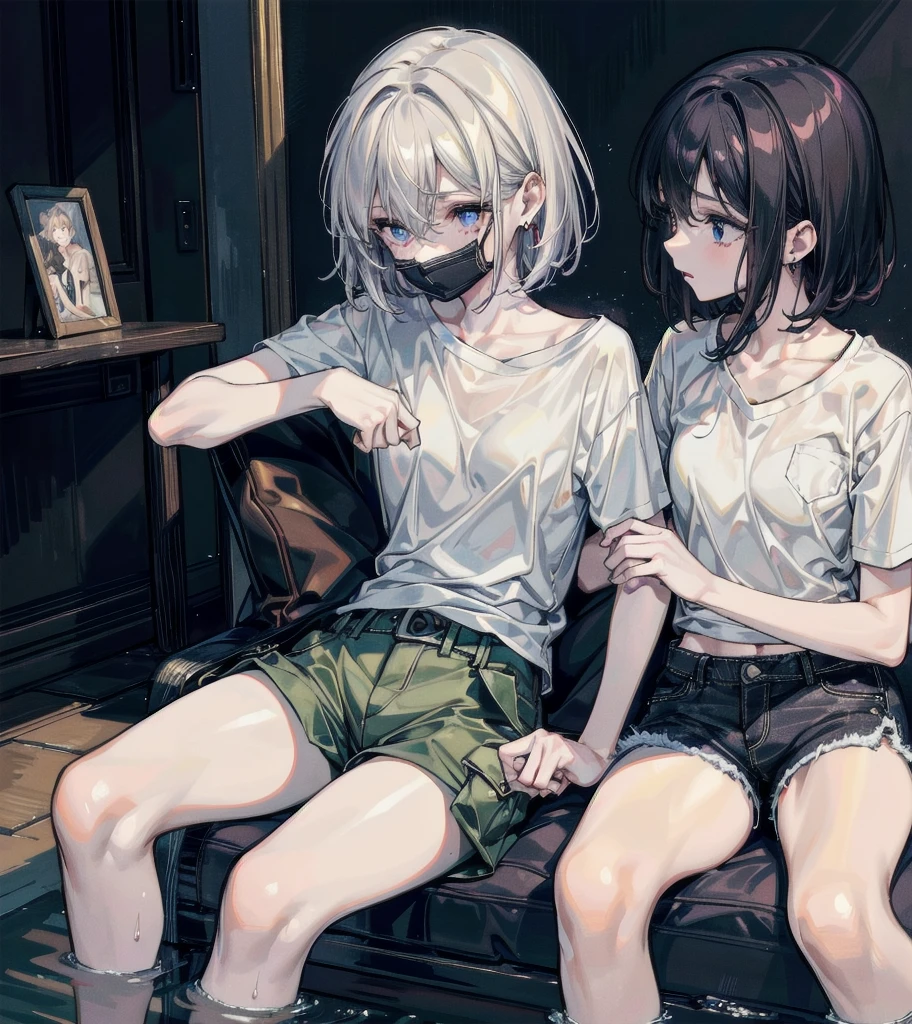 t-shirt, cargo pants, shorts, whole body, absurdres, RAW photo, extremely delicate and beautiful, masterpiece, Best Quality, ultra high resolution, 32k, hyperrealistic, ultra-detailed, detailed description, perfect anatomy, pale skin, 20 years old, detailed beautiful face and eyes, tearful mole, earring, short medium hair, wavy hair, ((yuri)), ((2 girls)),