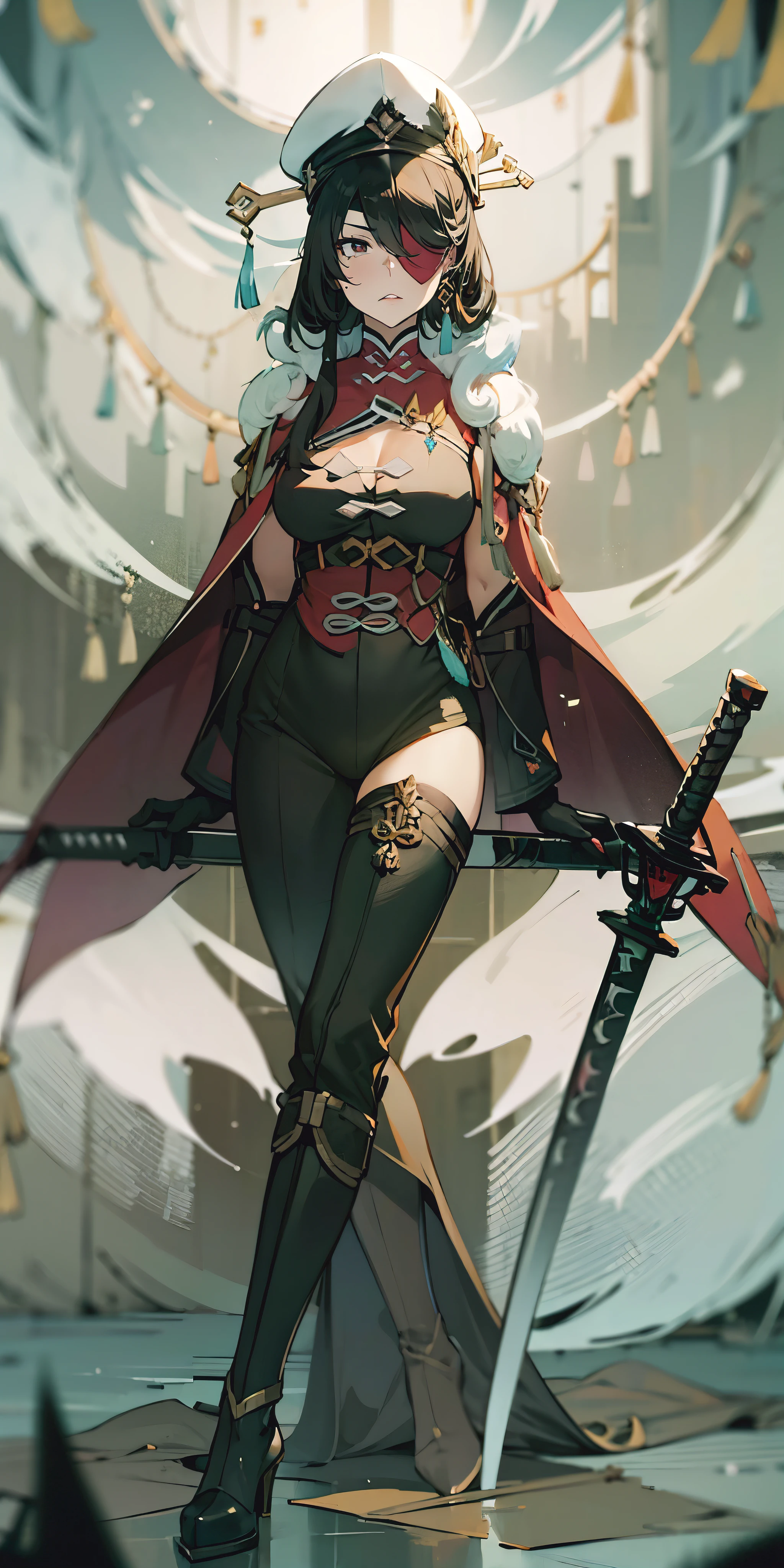 long hair, hairpin, hair over one eyes, beidou, eyepatch, muscular female, curvy, anatomical correct, 1girl, solo, looking at viewer, bangs, gloves, long sleeves, hat, jacket, full body, weapon, boots, food, belt, pants, sword, white gloves, cape, black footwear, uniform, military, black headwear, military uniform, buttons, black pants, knee boots, crossed legs, katana, sheath, peaked cap, sheathed, military hat, red cape, hollow eyes, maroon eyes, eyepatch,  lips, cheek, expressionless, glaring eyes, upper teeth, 