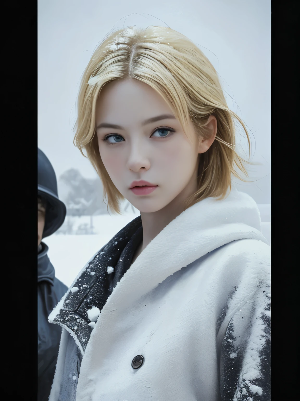 (oil, masterpiece, highest quality, Super detailed, Focus on the characters), Short blonde, ([return:0.8]|[ face facing returnwards:1.1]), Serious face, ([A cold scenario:1.2]|[ snowy returnground:1.3]| [High Contrast:1.1])  