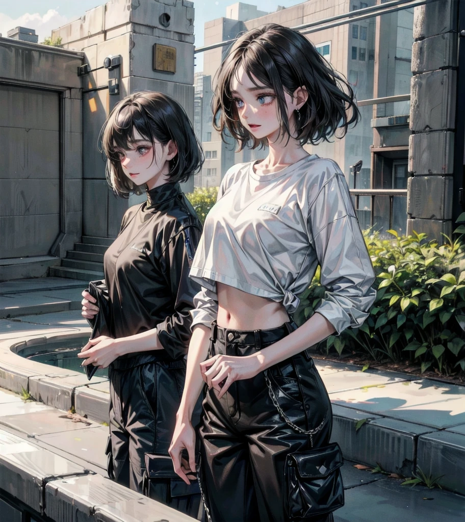 t-shirt, cargo pants, shorts, whole body, absurdres, RAW photo, extremely delicate and beautiful, masterpiece, Best Quality, ultra high resolution, 32k, hyperrealistic, ultra-detailed, detailed description, perfect anatomy, pale skin, 20 years old, detailed beautiful face and eyes, tearful mole, earring, short medium hair, wavy hair, ((yuri)), ((2 girls)),