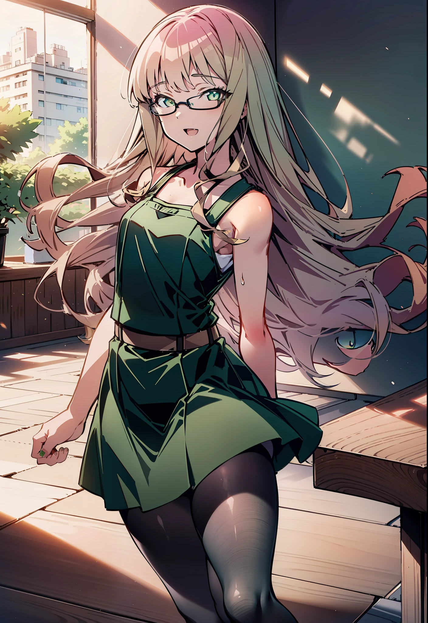 minami yume ,sss Dynazenon ,Long Hair, Brown Hair, (Green Eyes:1.5) ,Center of chest,hair band,happy smile, smile, Open your mouth, Black-rimmed glasses, Black dress,Short sleeve,Black long skirt,Stiletto heels,Walking,Daytime,Clear skies,whole bodyがイラストに入るように,There is a computer on the table,
break looking at viewer, whole body(Cowboy Shot:1. 5)
break indoors, office,
break (masterpiece:1.2), highest quality, High resolution, unity 8k wallpaper, (shape:0.8), (Beautiful and beautiful eyes:1.6), Highly detailed face, Perfect lighting, Highly detailed CG, (Perfect hands, Perfect Anatomy),