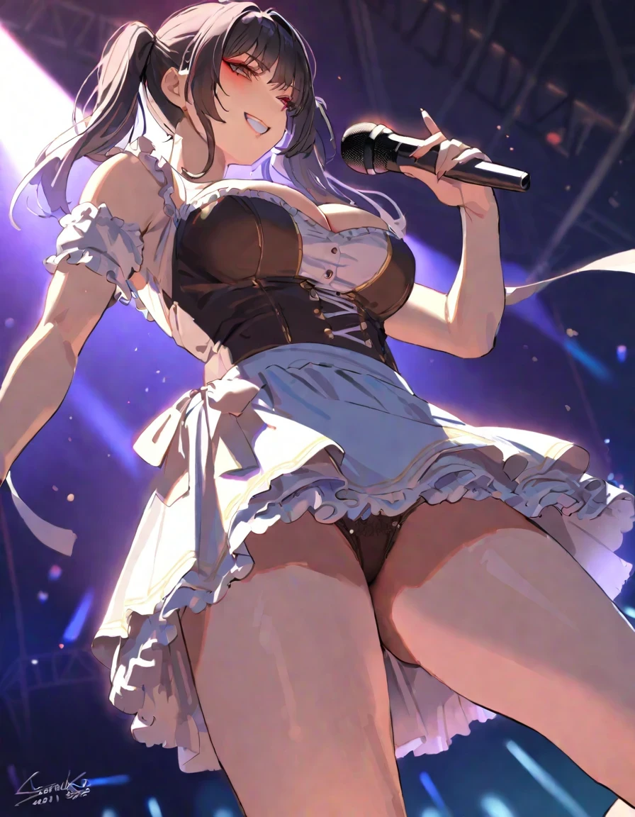 SFW, Masterpiece, best quality, 1girl, mature female, aged up, goth, black hair, twintails, makeup, eyeliner, dirndl, frilly skirt, idol, grin, on stage, cleavage, spotlight, holding microphone, singing, from below, panties, cleft of venus, satsuki neko,