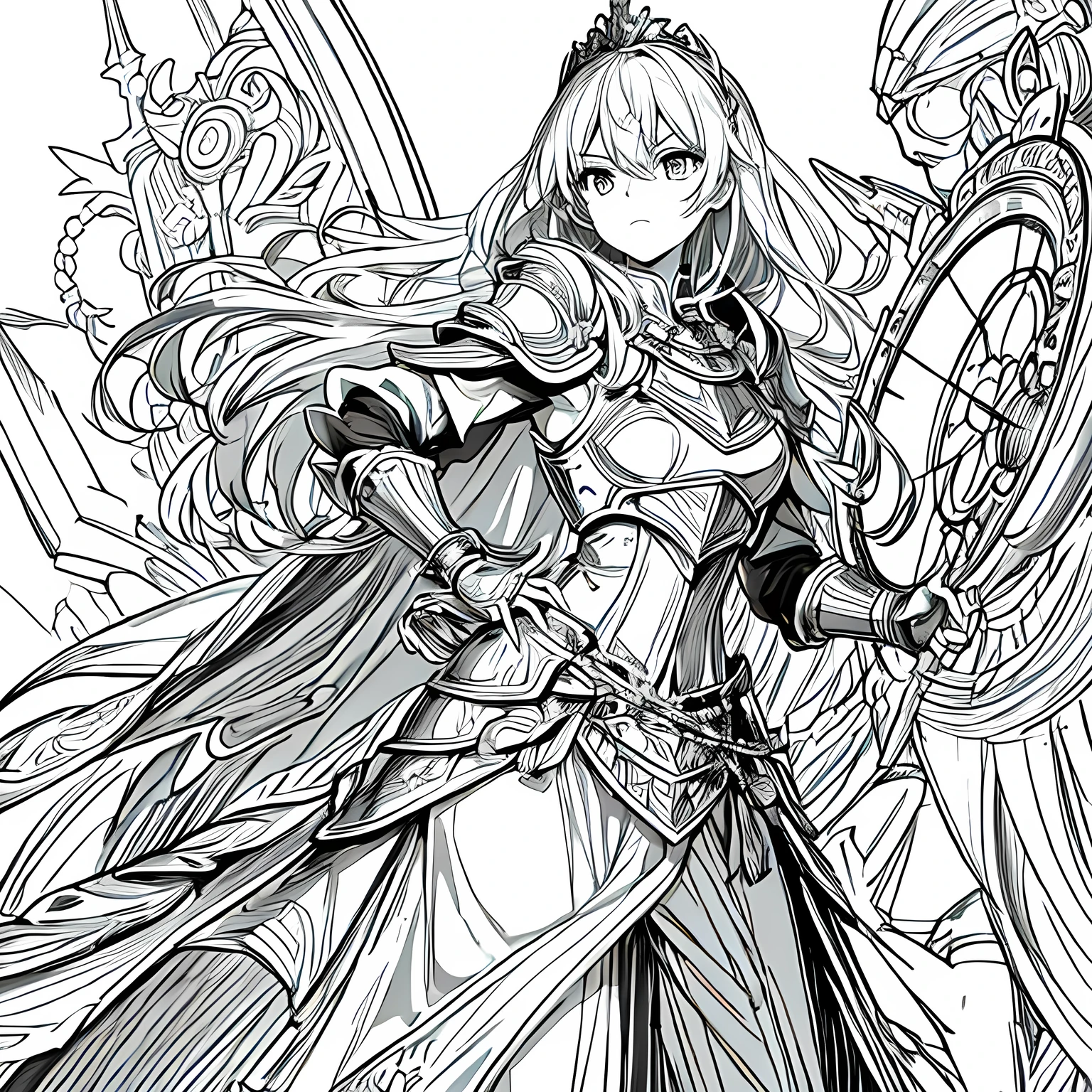 Line art background, background, Monochrome, Line art, ((sketch)),Highest quality,masterpiece,monochrome,Lineart,single color,Create a detailed coloring page,Pitiful、Girl beautiful and elegant armor、Plate Armor、Chainmail、Cape、Cape、Small Crown、tiara、Amulet、pendant、bracelet、ring、A large legendary sword engraved with magical powers and symbols.、Powerful Shield、courage、Decisiveness、leadership、Responsibility、Feeling for friends、Dedication、sincerity、Justice、Excellent swordsmanship、High protection、magic、Big eyes、Long Hair、Elegant style、Beauty and charm