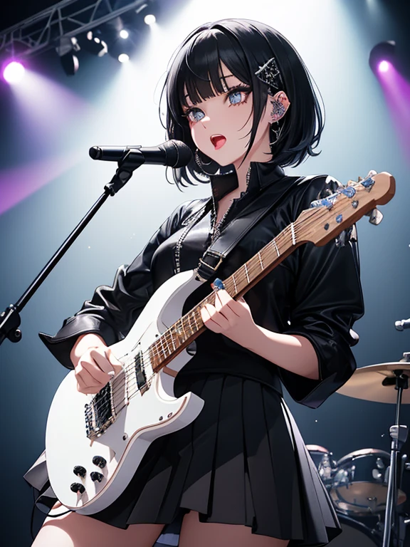 1 Female、Rock vocalist female、Black Hair、Short Hair、round face、Thin eyebrows、Sparkling eyes、Moist lips、natural allure makeup, slight punkish stage attire, damage skirt with diagonal rim ,white cut sewn, glossy skull ornament , electric guitar, mic stand, opened mouth, sing out loud , sweat, on the stage, stunning spotlight