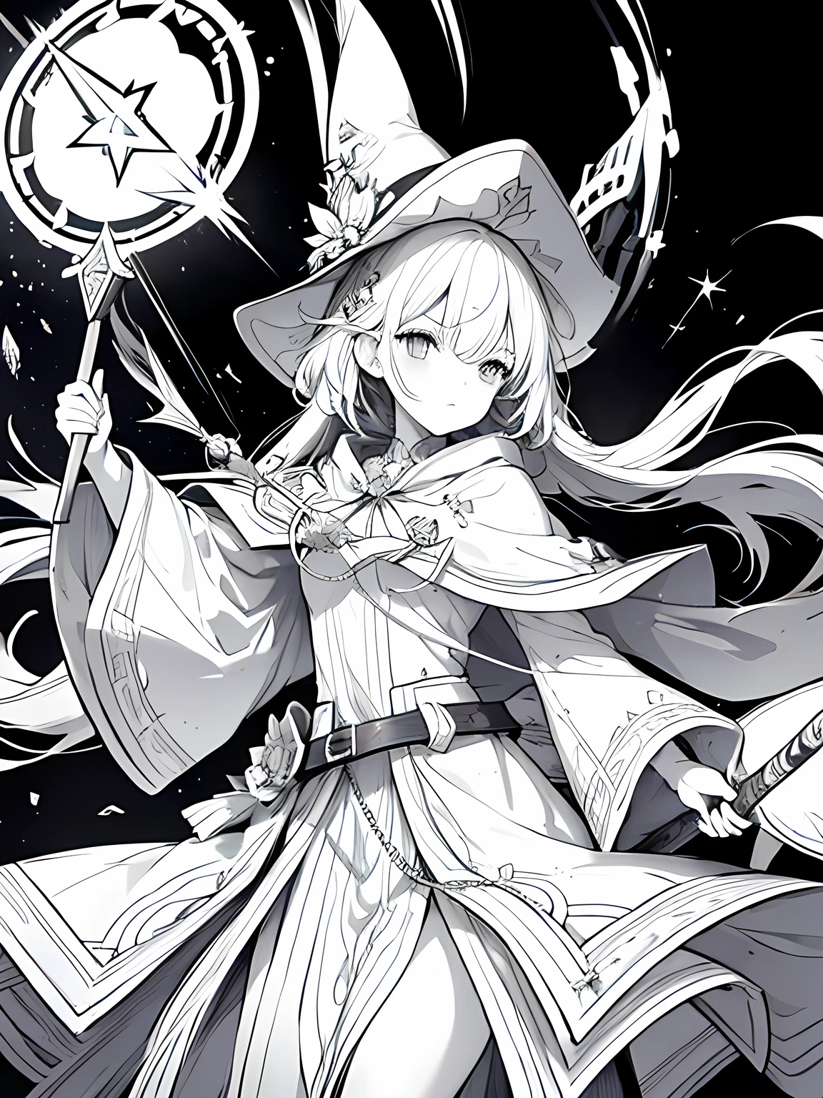 Line art background, background, Monochrome, Line art, ((sketch)),Highest quality,masterpiece,monochrome,Lineart,single color,Create a detailed coloring page,A long robe with wide sleeves and a hem、Large hood、Pointed hat、Mysterious Aura、A cloak decorated with a magic circle emblem、Amulet、pendant、A wand inlaid with gems and magical runes、book of magic、Magic Ring、Portion、belt、incantation、magic theory、Curious、High concentration、Calm、Theoretical、Calculating、mysterious、Elemental Magic、Powerful incantation、magic theory