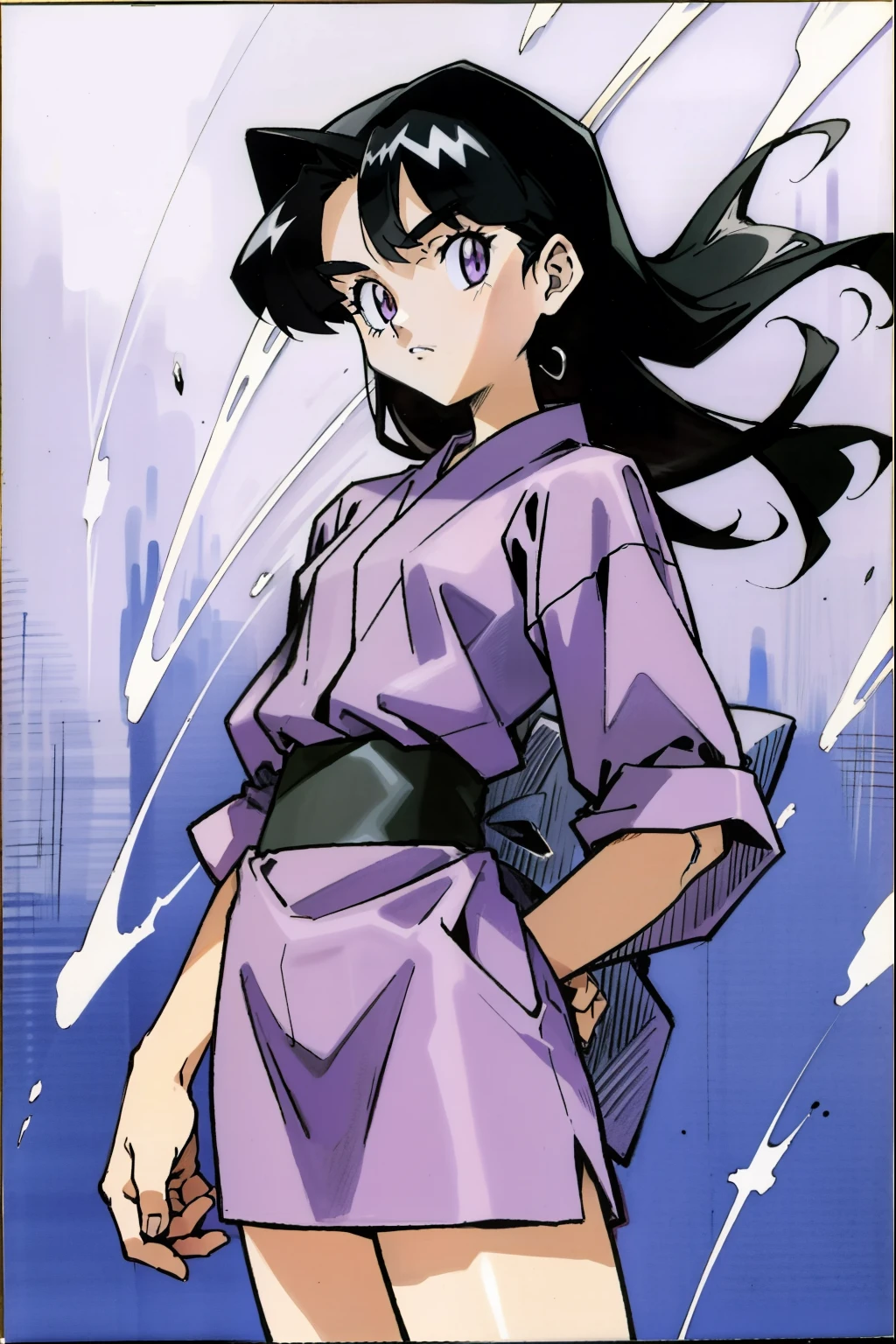 by Ken Sugimori, sugimori 1990s, ((only 1wi=oman)), purple kimono ((hands behind their back)), full black pupils, manga, best quality, highly detailed, clean lines, cowboy shot, good hands, good eyes, hd, 8k, professional, symmetrical, hires, 8k,