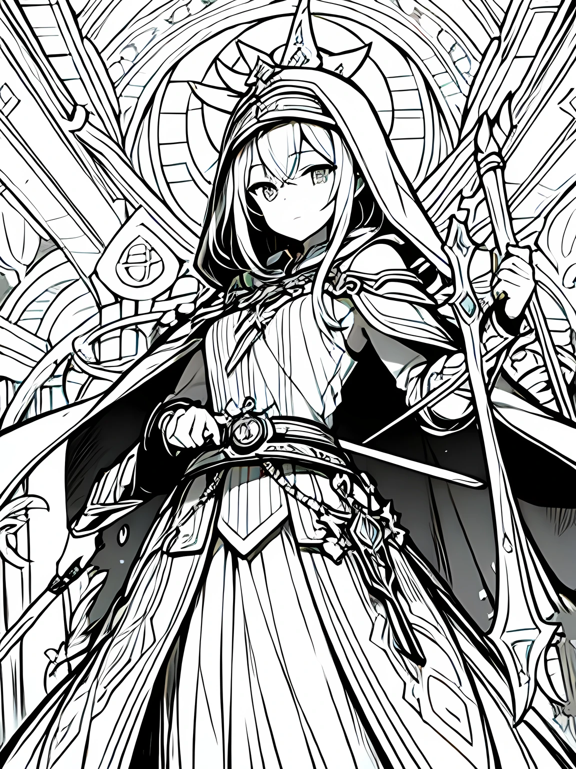 Line art background, background, Monochrome, Line art, ((sketch)),Highest quality,masterpiece,monochrome,Lineart,single color,Create a detailed coloring page,Long Robe、Cape、Sacred costume、Hooded、mysterious、cross、prayer book、belt、Stall、Combat walking stick、Mace、Sacred Equipment、sympathy、Dedicated、Deep Faith、prayer、meditation、rational、meditation、Healing Magic、Defensive Magic、Support Skills、treat、detoxification、reanimation、Holy Element Attack、Peace of mind、Divine Aura