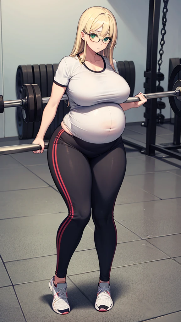 (Full body, glasses), An image of a pregnant girl wearing gym clothes. She has a very voluptuous body