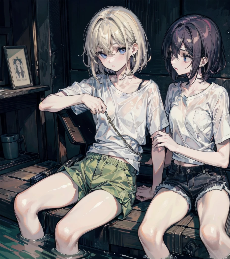 t-shirt, cargo pants, shorts, whole body, absurdres, RAW photo, extremely delicate and beautiful, masterpiece, Best Quality, ultra high resolution, 32k, hyperrealistic, ultra-detailed, detailed description, perfect anatomy, pale skin, 20 years old, detailed beautiful face and eyes, tearful mole, earring, short medium hair, wavy hair, ((yuri)), ((2 girls)),