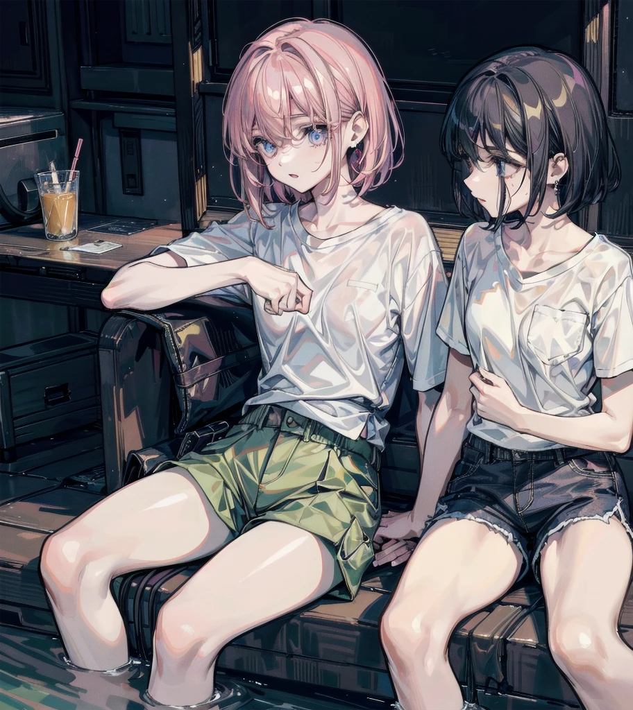 t-shirt, cargo pants, shorts, whole body, absurdres, RAW photo, extremely delicate and beautiful, masterpiece, Best Quality, ultra high resolution, 32k, hyperrealistic, ultra-detailed, detailed description, perfect anatomy, pale skin, 20 years old, detailed beautiful face and eyes, tearful mole, earring, short medium hair, wavy hair, ((yuri)), ((2 girls)),