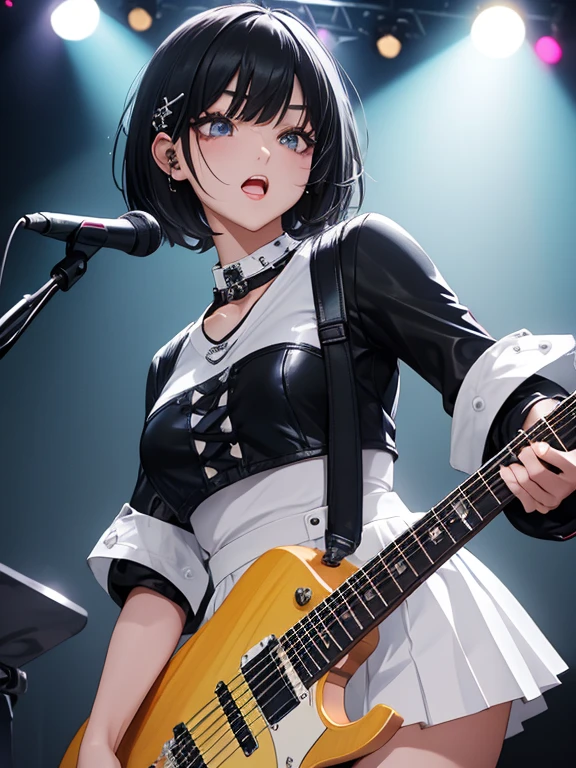 1 Female、Rock vocalist female、Black Hair、Short Hair、round face、Thin eyebrows、Sparkling eyes、Moist lips、natural allure makeup, slight punkish stage attire, damage skirt with diagonal rim ,white cut sewn, glossy skull ornament , electric guitar, mic stand, opened mouth, sing out loud , sweat, on the stage, stunning spotlight, beautiful finger, guitar playing