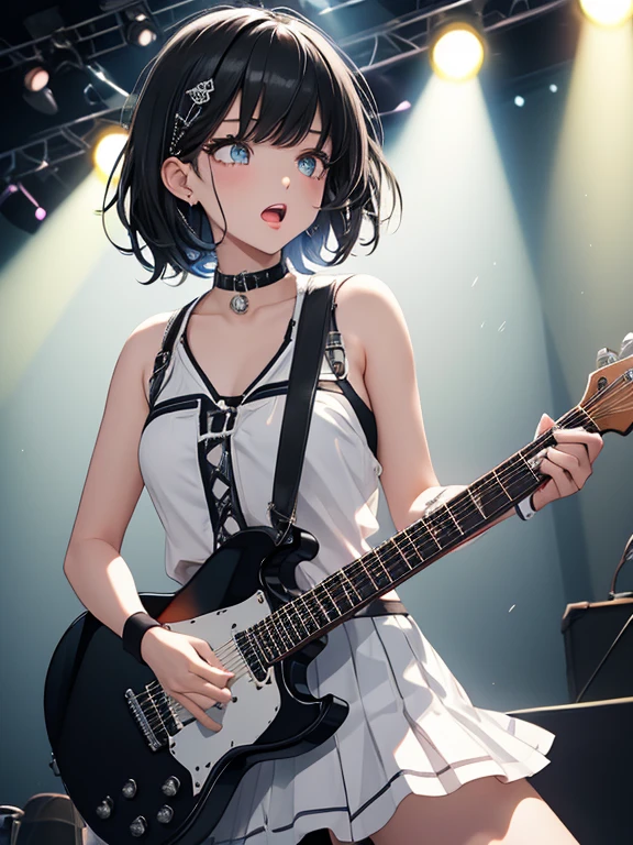 1 Female、Rock vocalist female、Black Hair、Short Hair、round face、Thin eyebrows、Sparkling eyes、Moist lips、natural allure makeup, slight punkish stage attire, damage skirt with diagonal rim ,white cut sewn, glossy skull ornament , electric guitar, mic stand, opened mouth, sing out loud , sweat, on the stage, stunning spotlight, beautiful finger, guitar playing, dynamic pose, dynamic angle