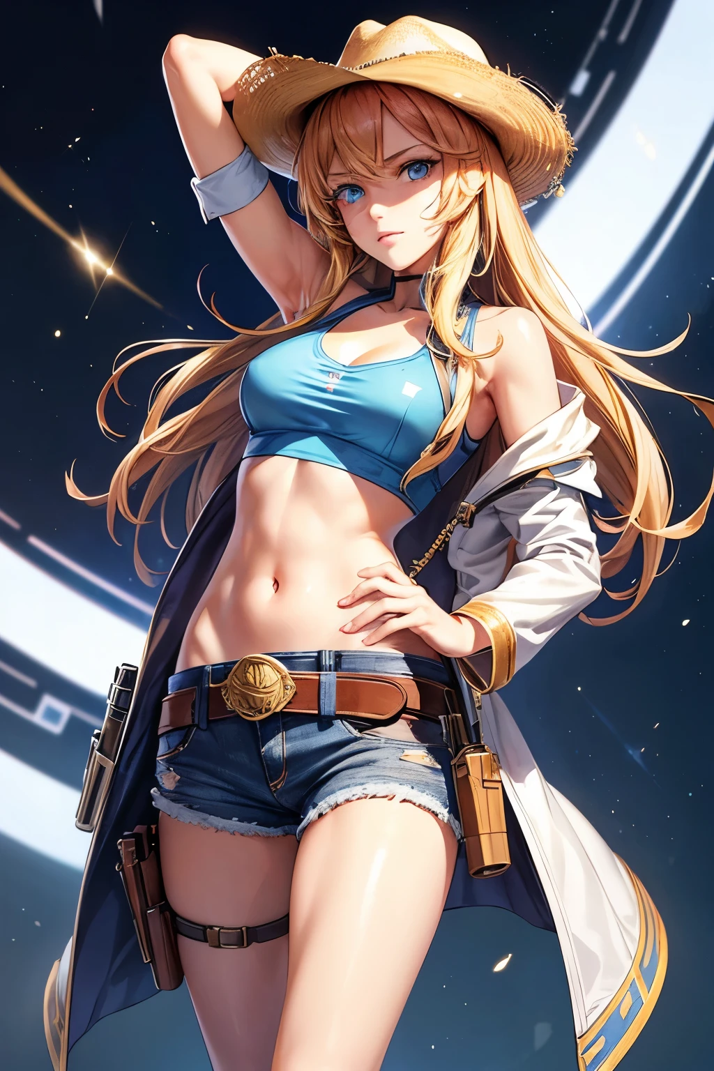 1 girl, masterpiece, macross delta splash art, best quality, white tank top, midriff, short blue jeans, small breasts, cowboy hat, gun holster on hip, highly detailed gun, realistic gun, Colt Peacemaker in hand, gun aimed forward, sheriff badge, bullets on belt, brown leather duster, leather overcoat, detailed eyes, sparkling eyes, beautiful hands, highly detailed hands, straight hands, shiny skin, shiny hair, blue eyes, light blonde hair, tall, long hair, straight hair, full body, American flag