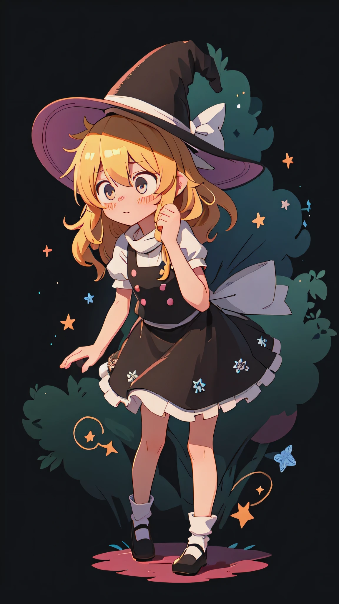 pensketch_style, ink sketch, (dark background:1.2), starry sky, darkness, kirisame marisa, shy, embarrassed, blush, superb, extremely detailed, intricate, (extremely low contrast:1.1), looking away, full body, mid shot forest, nature, tree