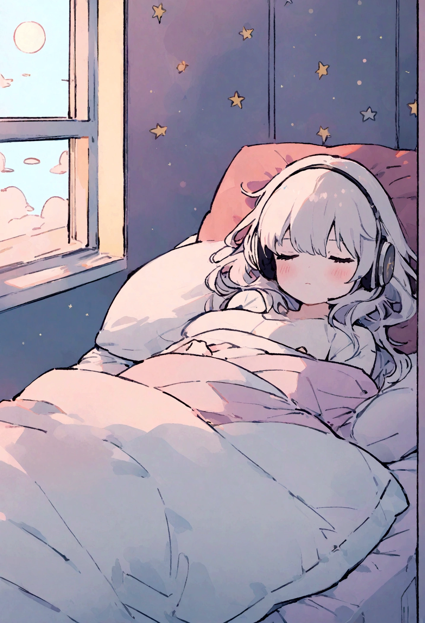 (masterpiece) A girl (woman) Sleeping in bed, In her bed, Wearing headphones, Window showing the moon and stars, calm, peaceful, thinking, ish, Color Grading, Nice color coding,