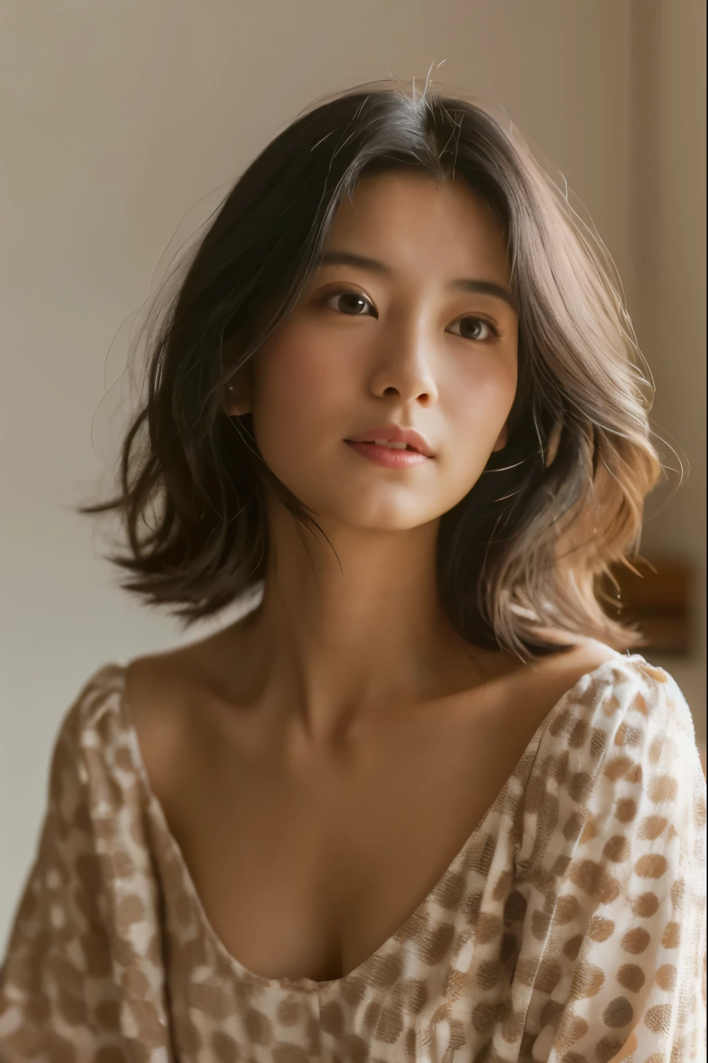 Japanese women、young、White polka dot dress、Black Hair
