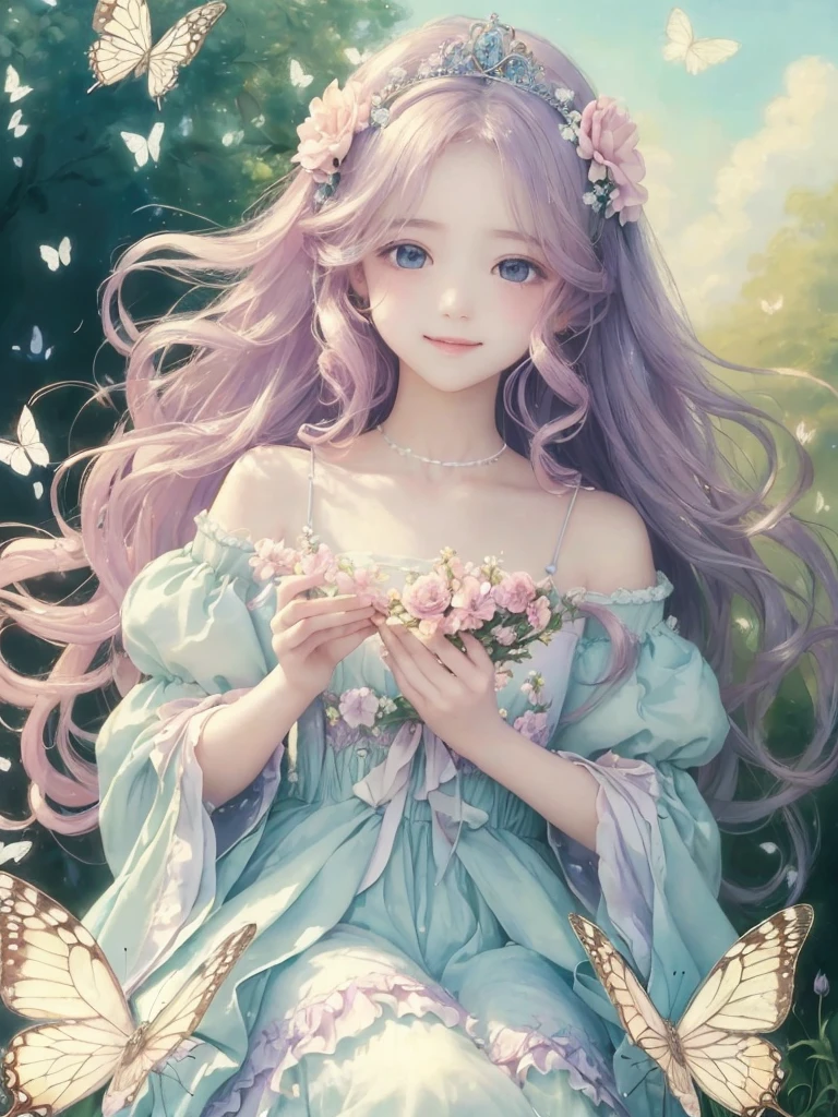 (pastel:1.2)、(masterpiece、highest quality、highest quality、Beautiful and beautiful:1.2)、(Excellent anatomy:1.5)、Focus on the eyes、Beautiful fine eyes、Girl with wavy hair、dress、Puff sleeves、tiara、Butterfly Wings、Adorable smile、Staring at butterflies、Both hands gently embrace、Gradient flowers、pastel、Gentle Light、Fractal Art