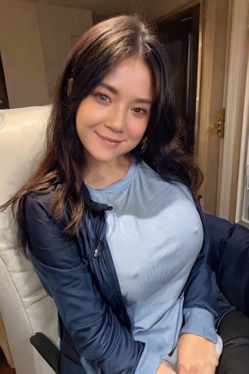 smiling woman sitting in a chair with a blue shirt and black jacket, 8k selfie photograph, 30 years old adorable woman, blushy face, big puffed ,  navel, portrait shot 8 k, selfie shot straight on angle, face picture, low quality picture, looking straight to camera